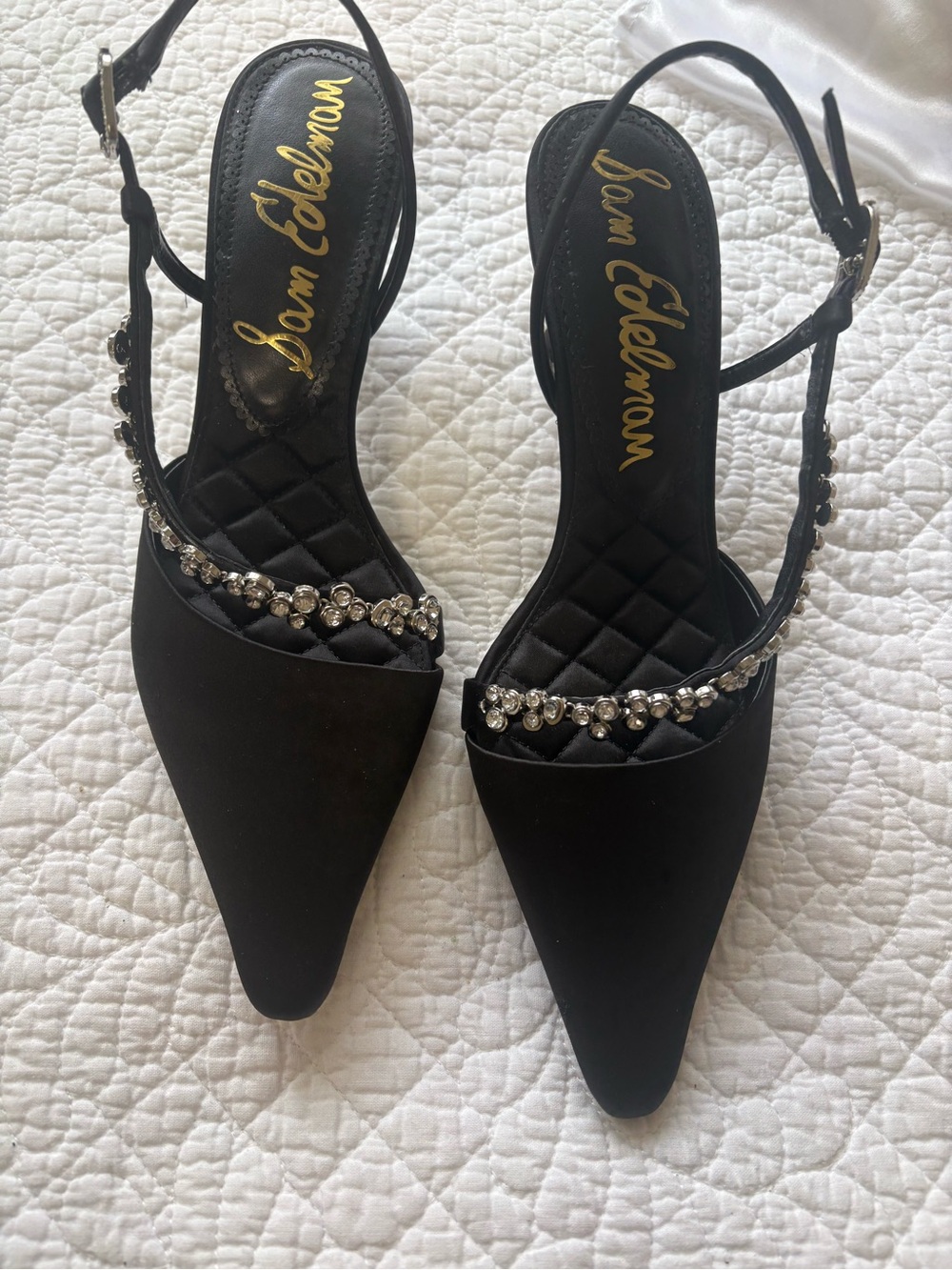 Sam Edelman Black Satin Pointed Toe Slingback Heels with Rhinestone Trim